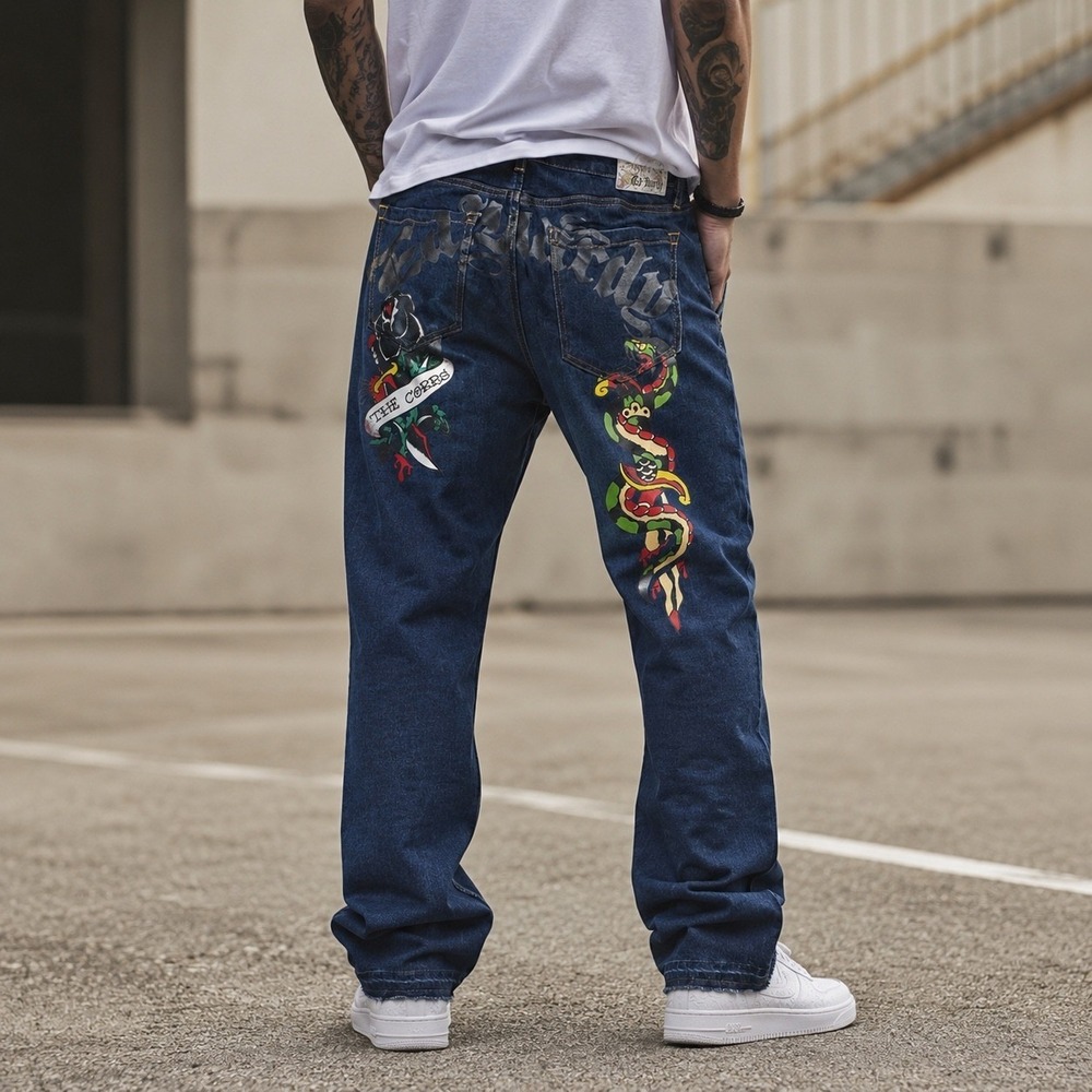 Ed Hardy Mens 38 Indigo Graphic Jeans Snake Panther Tattoo Raw UnHemmed NWT Y2K